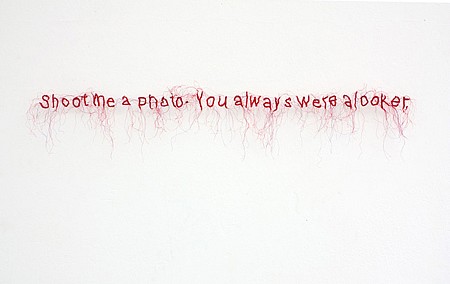 Rebecca Carter, Shoot Me A Photo, 2012
cotton, polyester and rayon threads, 6 x 39 x 2 in.
RCA-041