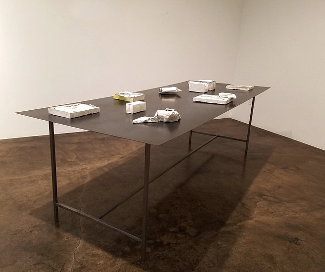 James Buss, Untitled (elegy, after Medardo Rosso's, "La Riconoscenza"), 2017-2019
Ten plaster and concrete sculptures on steel table, 121 x 48 x 37 in.
JBU-032