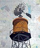 William Steiger, Watertank/Wiindmill
2019, Collage of found paper, gouache, and vintage map