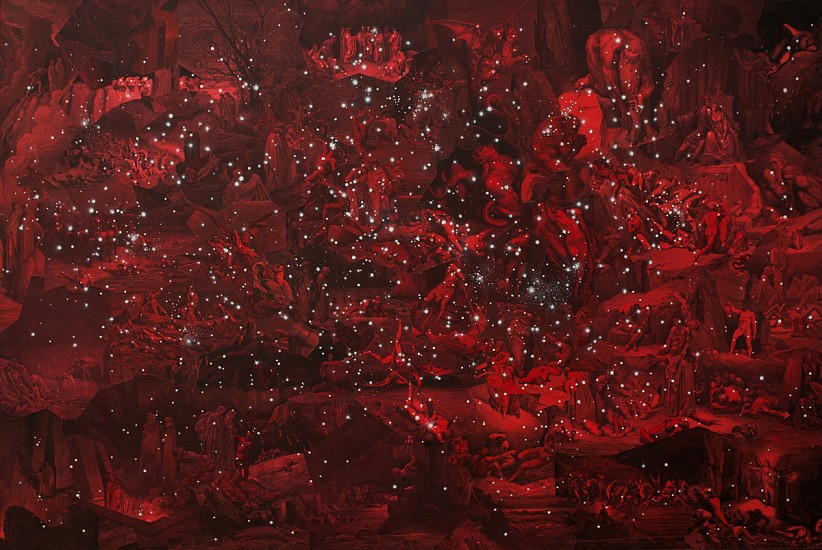 Matthew Cusick, Constellation (Red #1), 2011
Engravings by G Doré for Dante's Inferno, dye, watercolor, on panel, 30 x 45 in.
MCU-076